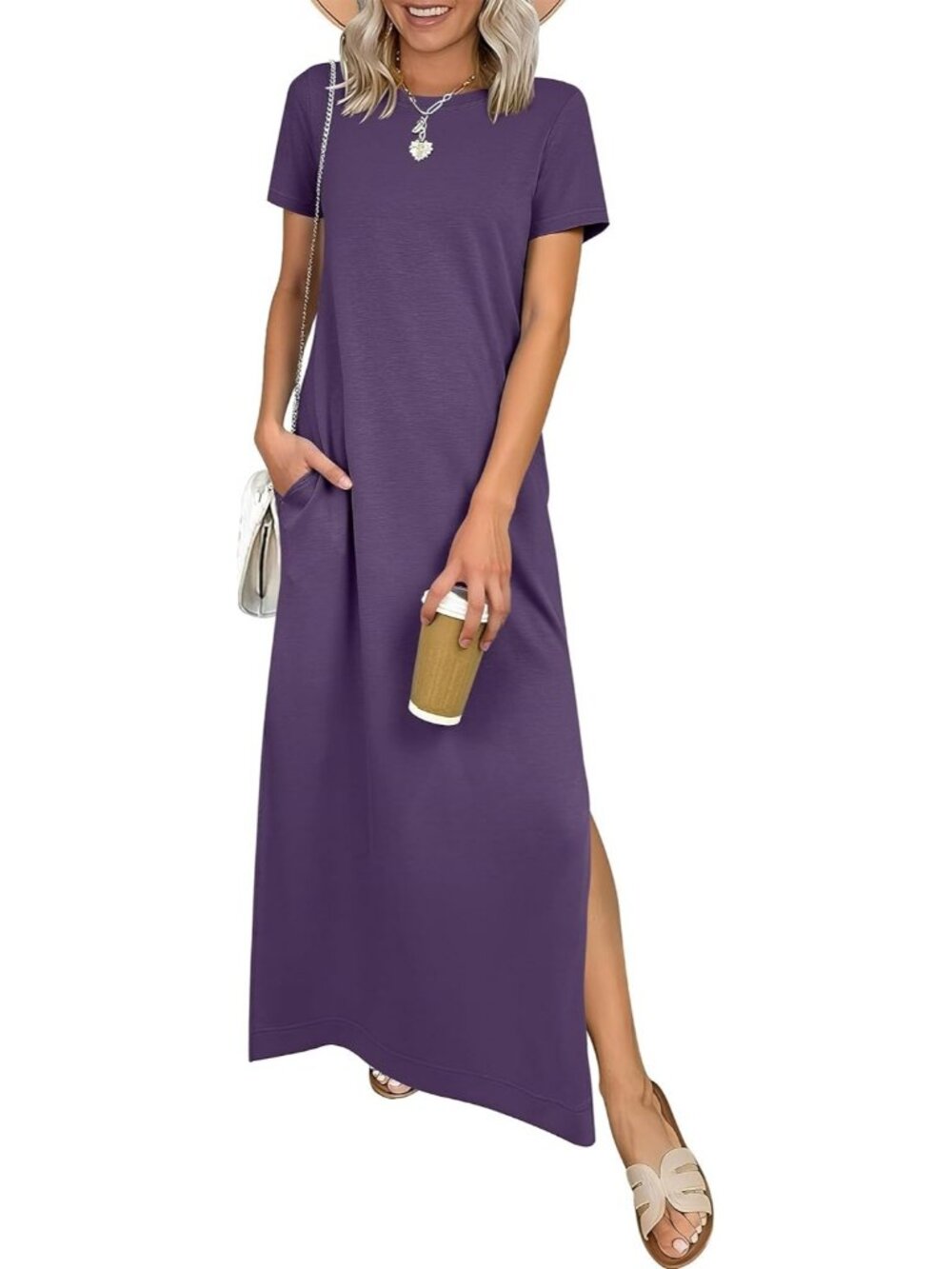 Women's Purple Crewneck Summer Casual Maxi Short Sleeve Split Long Dress
